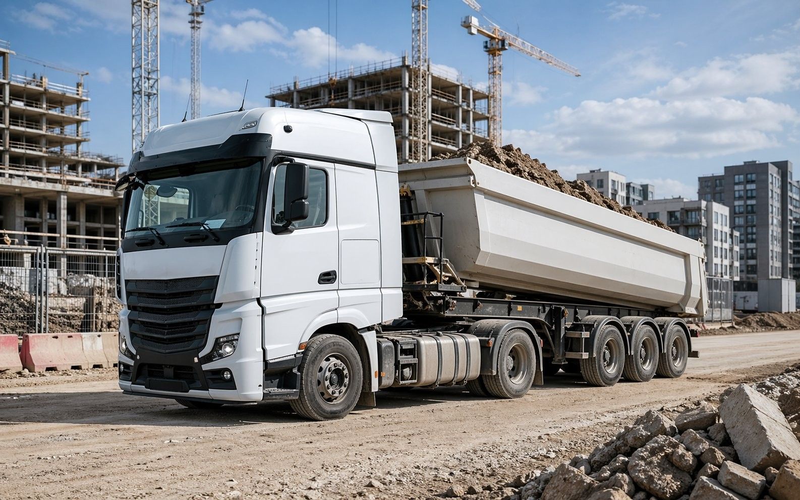 Semi TP benne en rotation chantier Île-de-France